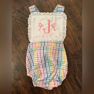 EUC The Beaufort Bonnet Company Sunsuit with “J” Embroidery 6-12 months